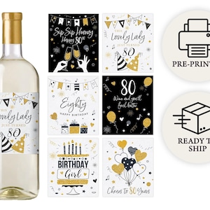 70th Birthday Party Decoration - Waterproof Wine Bottle Labels, Printed Set of 6, Black and Gold