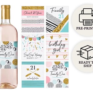 21st Birthday Party Decoration - Waterproof Wine Bottle Labels, Printed Set of 6, Pink and Gold image 1