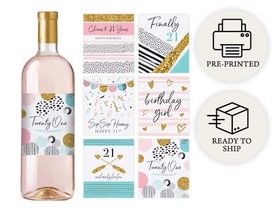 21st Birthday Party Decoration - Waterproof Wine Bottle Labels, Printed Set of 6, Pink and Gold