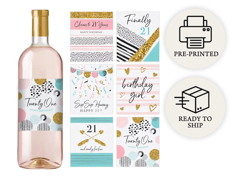 21st Birthday Party Decoration - Waterproof Wine Bottle Labels, Printed Set of 6, Pink and Gold image 1