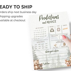 Tarjetas de predicciones y consejos para bebés – Juego de baby shower de aventura en el bosque, adorable temática de animales del bosque para niño, paquete de 30 (PRP-2001) imagen 3