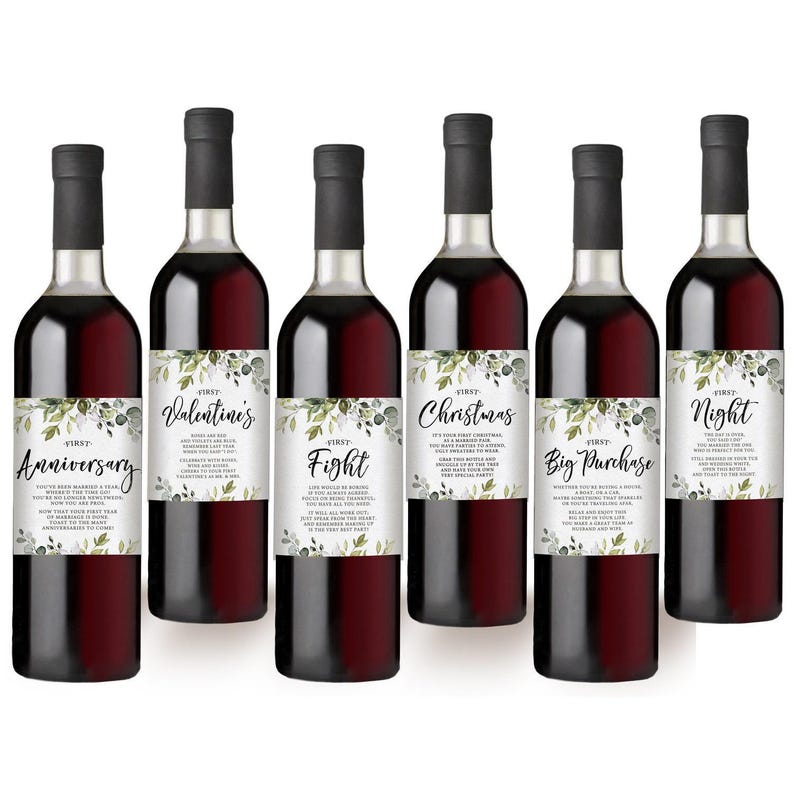 Marriage Milestones Wedding Gift - Waterproof Wine Bottle Labels for the Bride-to-Be, Printed Set of 6, Eucalyptus (PRP-101) (PRP-100) image 5