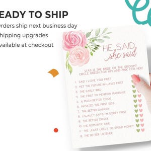 He Said She Said - Bridal Shower Game, 50 Printed Cards, Pink Floral (PRP-301) image 3