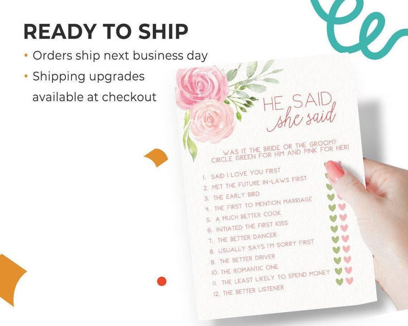 He Said She Said - Bridal Shower Game, 50 Printed Cards, Pink Floral (PRP-301) image 3