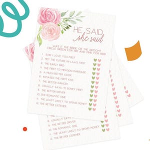 He Said She Said - Bridal Shower Game, 50 Printed Cards, Pink Floral (PRP-301) image 2