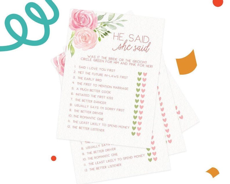 He Said She Said - Bridal Shower Game, 50 Printed Cards, Pink Floral (PRP-301) image 2