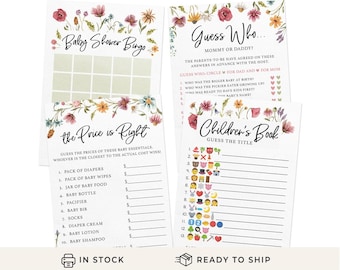 Baby Shower Game Set - 4 Games for 30 Guests, Printed Double-Sided, Wildflower (PRP-211)