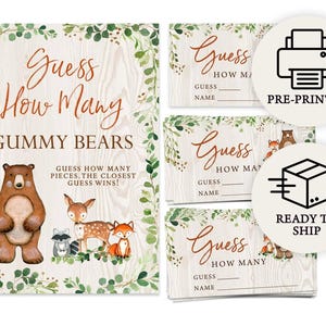 How Many Gummy Bears - Woodland Baby Shower Candy Guessing Game, 50 Printed Cards and Sign, Forest Animals (PRP-311)