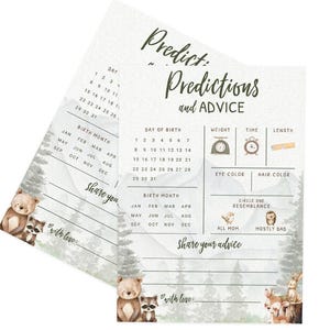 Tarjetas de predicciones y consejos para bebés – Juego de baby shower de aventura en el bosque, adorable temática de animales del bosque para niño, paquete de 30 (PRP-2001) imagen 8