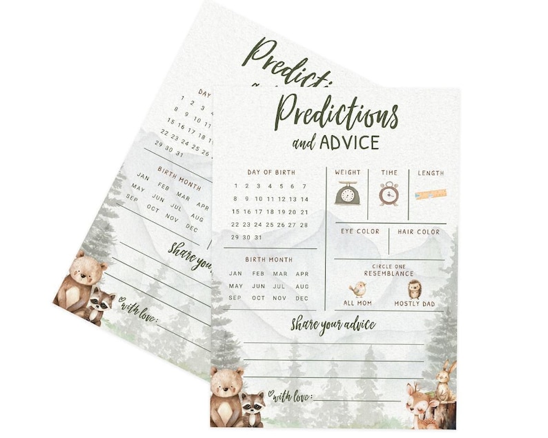 Tarjetas de predicciones y consejos para bebés – Juego de baby shower de aventura en el bosque, adorable temática de animales del bosque para niño, paquete de 30 (PRP-2001) imagen 8