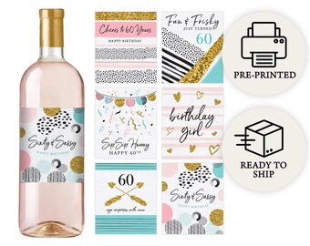 60th Birthday Party Decoration - Waterproof Wine Bottle Labels, Printed Set of 6, Pink and Gold