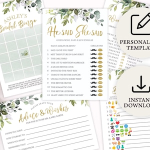 Juegos digitales de despedida de soltera de boda de eucalipto / Descarga instantánea / PRP-102, PRP-100