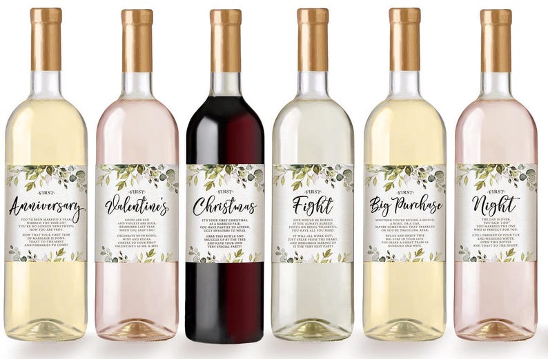 Marriage Milestones Wedding Gift - Waterproof Wine Bottle Labels for the Bride-to-Be, Printed Set of 6, Eucalyptus (PRP-101) (PRP-100) image 2