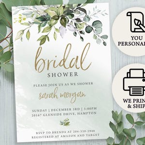 Elegant Greenery Bridal Shower Invitation | Professionally Printed Custom Order | Free Envelopes