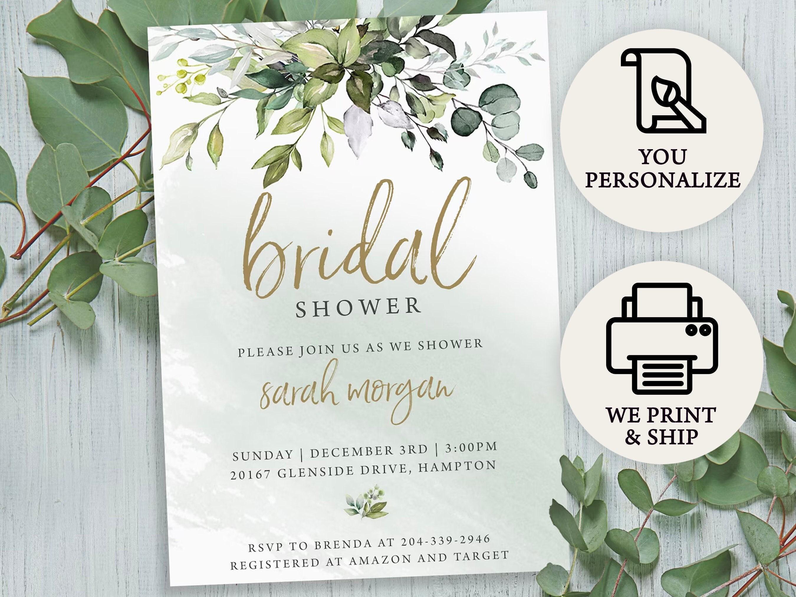 Elegant Greenery Bridal Shower Invitation | Professionally Printed Custom Order | Free Envelopes