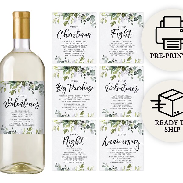 Marriage Milestones Wedding Gift - Waterproof Wine Bottle Labels for the Bride-to-Be, Printed Set of 6, Eucalyptus (PRP-101) (PRP-100)