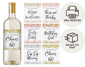 60th Birthday Party Decoration - Waterproof Wine Bottle Labels, Printed Set of 6, Confetti