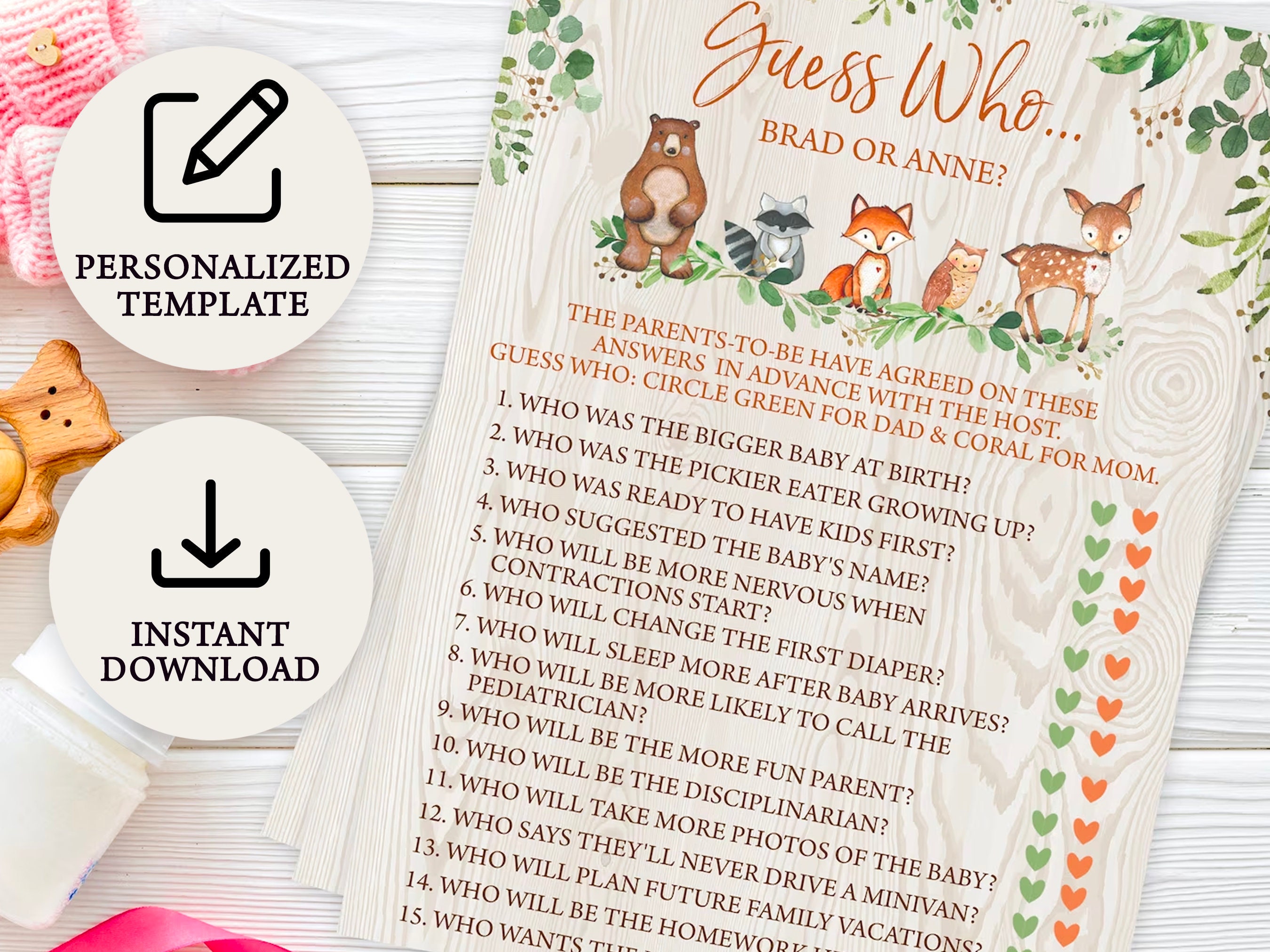 Digital Woodland Baby Shower Guess Who Game | Fall Shower Game | Instant Download | PRP-402