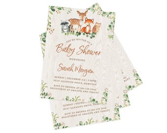 Woodland Baby Shower Invitation, Editable Corjl Template, Instant Download, Forest Friends, Gender Neutral | PRP-402