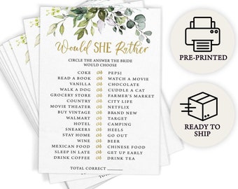 Would She Rather - Bridal Shower Game, 50 Printed Cards, Eucalyptus (PRP-101, PRP-100)