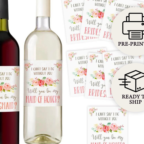 Bridesmaid Proposal Gift - Waterproof Wine Bottle Labels for Bridesmaids and Maid of Honor, Printed Set of 7, Pink Floral