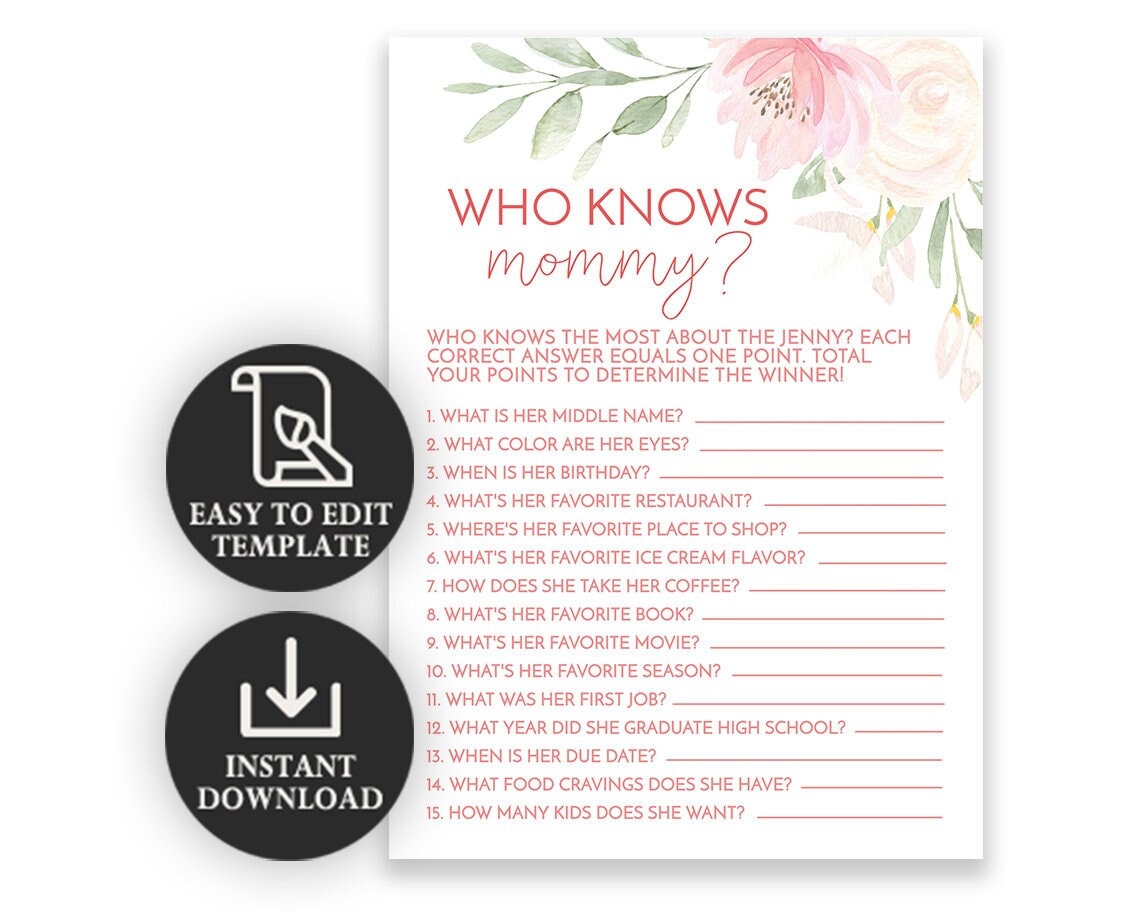 Digital Floral Baby Shower Who Knows Mommy Game | Spring Shower Game | Instant Download | PRP-312