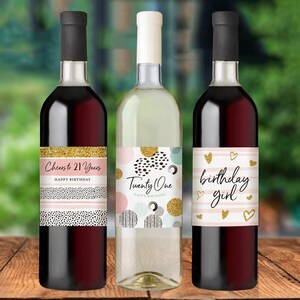 21st Birthday Party Decoration - Waterproof Wine Bottle Labels, Printed Set of 6, Pink and Gold image 6