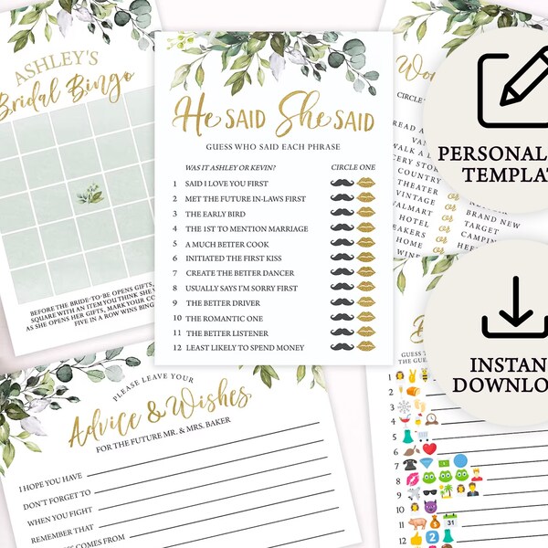 Digital Eucalyptus Wedding Bridal Shower Games | Instant Download | PRP-102, PRP-100