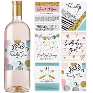 21st Birthday Party Decoration - Waterproof Wine Bottle Labels, Printed Set of 6, Pink and Gold image 3