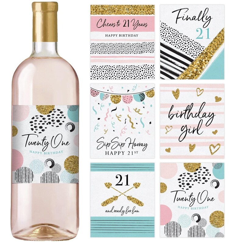 21st Birthday Party Decoration - Waterproof Wine Bottle Labels, Printed Set of 6, Pink and Gold image 3