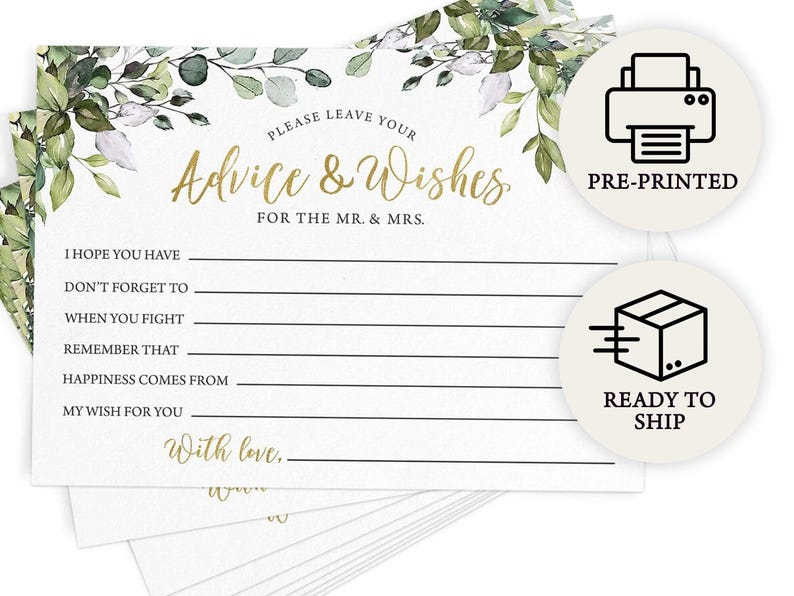 Advice For The Bride and Groom - Bridal Shower Game, 50 Printed Cards, Eucalyptus (PRP-101, PRP-100)