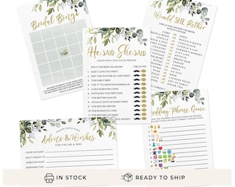 Bridal Shower Game Set - 5 Games for 50 Guests, Printed Double-Sided, Eucalyptus (PRP-101, PRP-100)