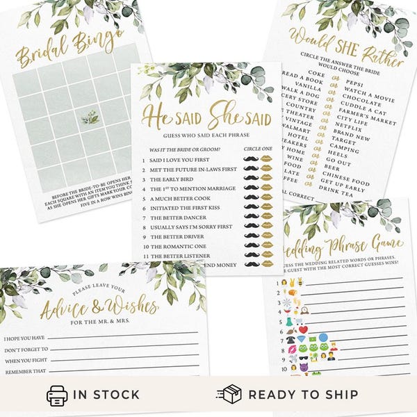 Bridal Shower Game Set - 5 Games for 50 Guests, Printed Double-Sided, Eucalyptus (PRP-101, PRP-100)