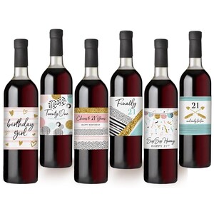 21st Birthday Party Decoration - Waterproof Wine Bottle Labels, Printed Set of 6, Pink and Gold image 4