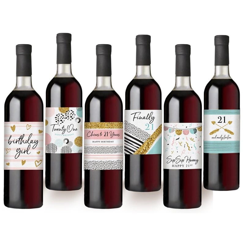 21st Birthday Party Decoration - Waterproof Wine Bottle Labels, Printed Set of 6, Pink and Gold image 4