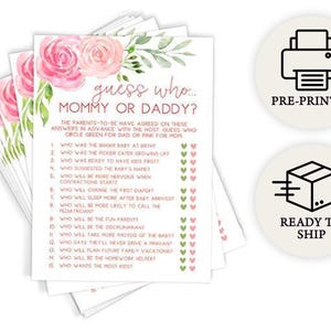 Mommy or Daddy Trivia - Baby Shower Game, 50 Printed Cards, Pink Floral (PRP-311)
