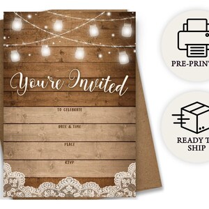 May include: Rustic invitation card with the text "You're Invited" on a wooden background. The design includes string lights, lace trim, and space to fill in event details. Includes a brown envelope.