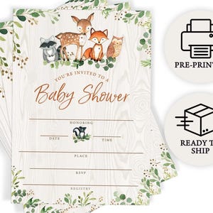 Woodland Baby Shower Invitations and Envelopes, Printed Set of 25, Forest Animals (PRP-401)