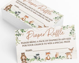 Woodland Baby Shower Game - Diaper Raffle Cards, Custom Printed, Forest Friends, Gender Neutral | PRP-402
