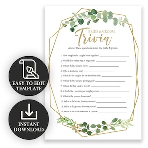 Digital Gold Greenery Bridal Trivia Game | Bridal Shower Game | Instant Download | PRP-502