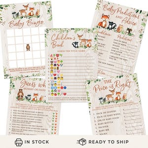 Woodland Baby Shower Game Set - 5 Games for 50 Guests, Printed Double-Sided, Forest Animals (PRP-401))