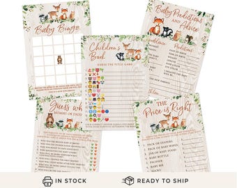 Woodland Baby Shower Game Set - 5 Games for 50 Guests, Printed Double-Sided, Forest Animals (PRP-401))