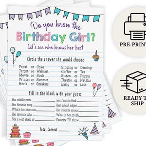 Birthday Girl Trivia - Kids Party Game, Printed Set of 25, Notebook