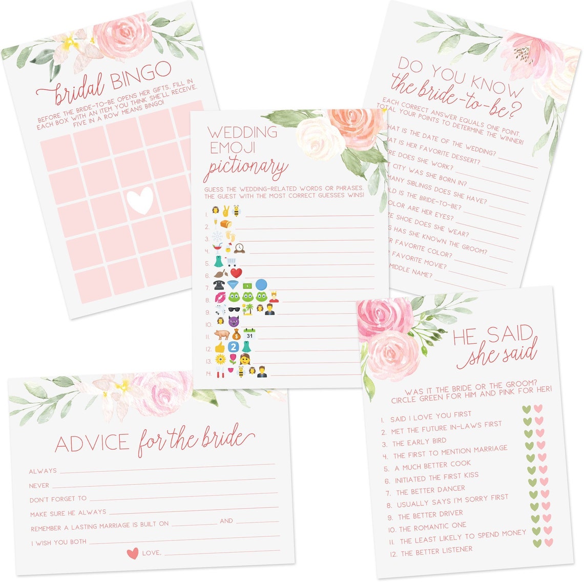 Floral Bridal Shower Games Set of 5 Etsy