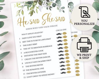 Personalized & Printed Eucalyptus He Said She Said Bridal Shower Game | Custom Print