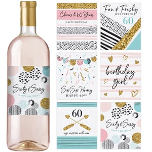 60th Birthday Party Decoration Waterproof Wine Bottle Labels, Printed Set of 6, Pink and Gold image 2