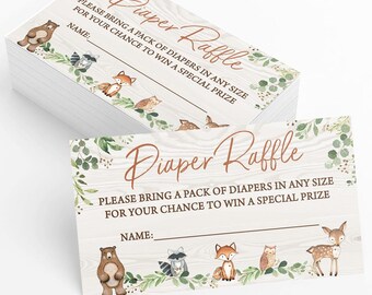 Woodland Baby Shower Game - Diaper Raffle Cards, Editable Corjl Template, Instant Download, Forest Friends | PRP-402