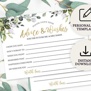 Jeu numérique de cartes de conseils de mariage d'eucalyptus numérique pour la douche nuptiale | Téléchargement instantané | PRP-102, PRP-100
