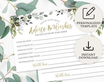 Digital Eucalyptus Wedding Advice Card Bridal Shower Game |  Instant Download | PRP-102, PRP-100