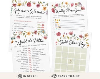 Juego de despedida de soltera - 4 juegos para 30 invitados, estampado a doble cara, diseño de flores silvestres (PRP-201)
